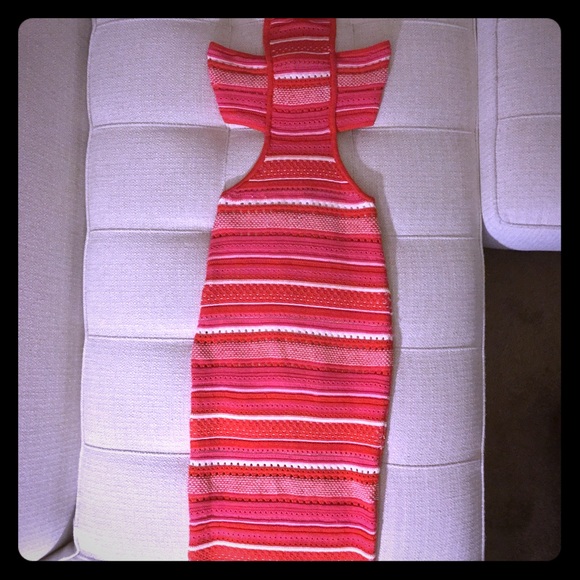 bebe Dresses & Skirts - Bebe red, white & pink crochet cutout dress